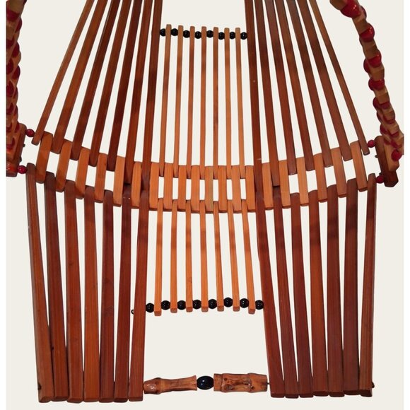 Collapsible Wooden Fruit Basket MCM Red Beads Accents Vintage Teak Wood - Picture 5 of 12